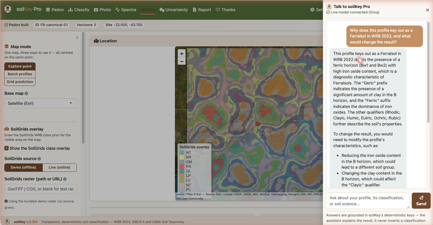 soilKey Pro — Assistant: an online AI that explains the deterministic classification, grounded in the key
