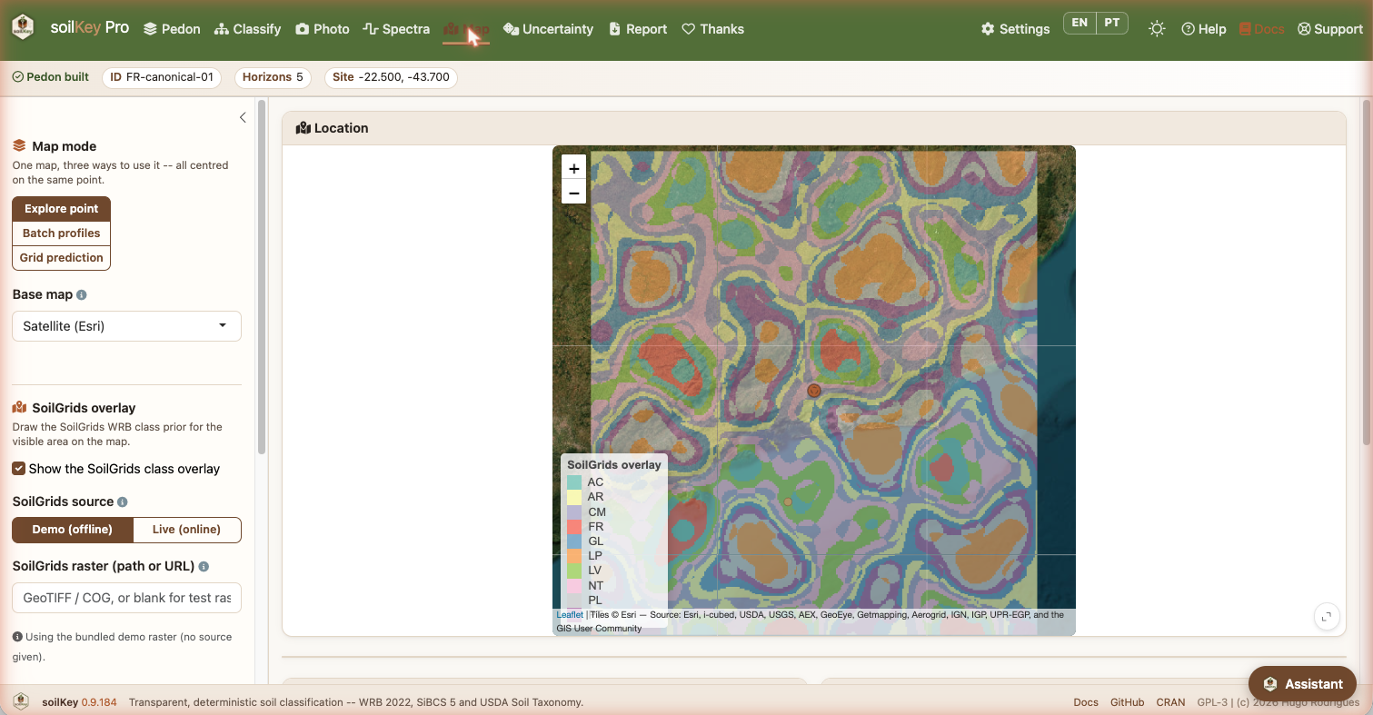 soilKey Pro — Map tab: the SoilGrids WRB class prior drawn over a satellite base map, with a legend